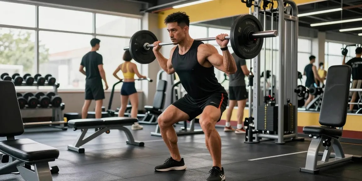 Steroidshop: Bodybuilder beim Training im modernen Fitnessstudio, motivierende Atmosphäre.