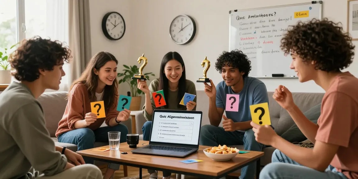 Diverse friends enjoying a competitive Quiz Allgemeinwissen night with trivia cards and decorations in a cozy living room.