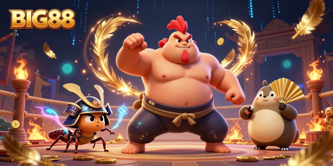 Engage in thrilling action at BIG88 with a powerful sumo rooster, fierce cricket, and dynamic backdrop.
