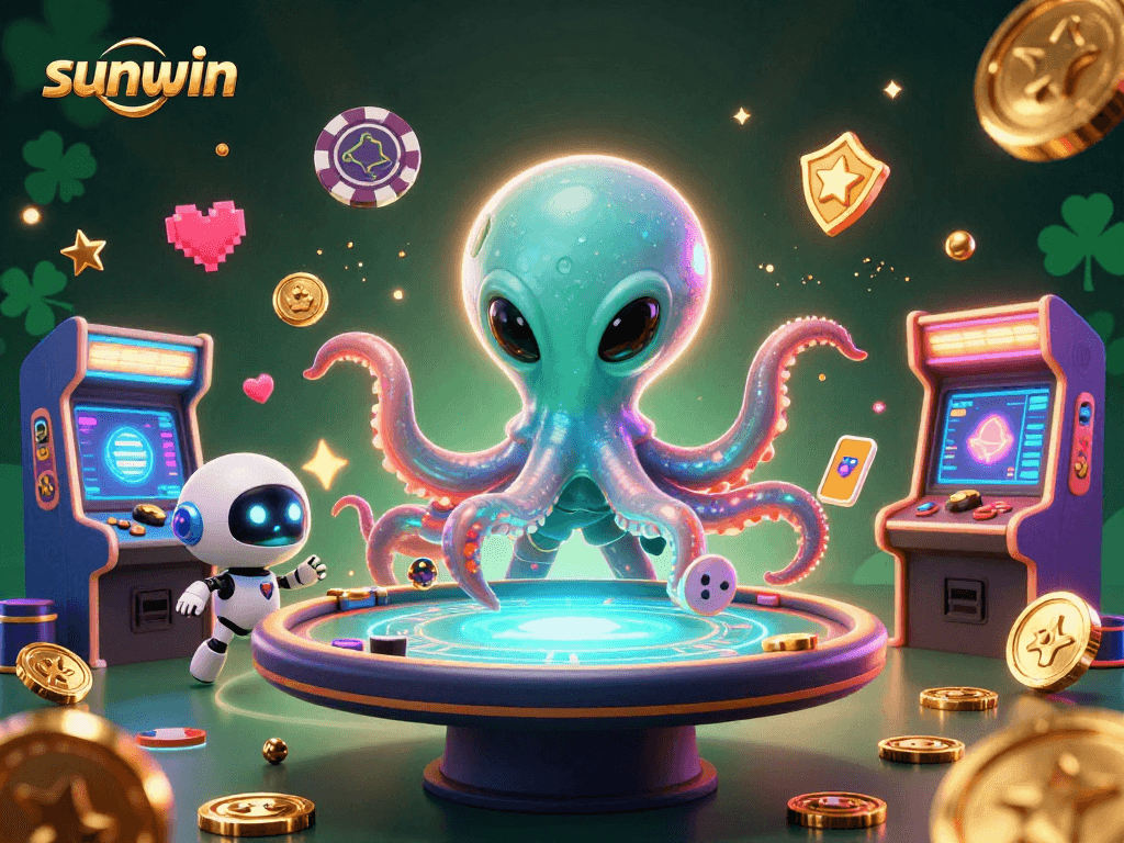 Experience sunwin excitement with a 3D cartoon octopus at a holographic poker table surrounded by vibrant casino elements.