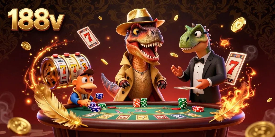 Engage with 188v's thrilling blackjack action featuring a velociraptor card counter, stegosaurus pit boss, and pickpocket in a vibrant, animated casino scene.