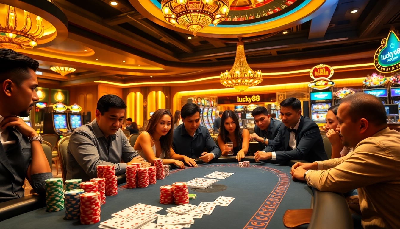 Experience excitement at lucky88 with a vibrant casino scene showcasing poker and roulette.