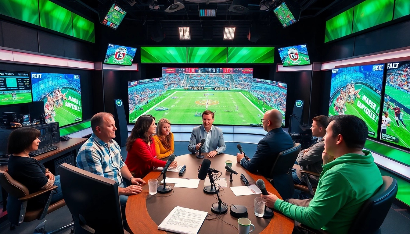 Engaging sports broadcasting scene featuring diverse hosts discussing game highlights and statistics.