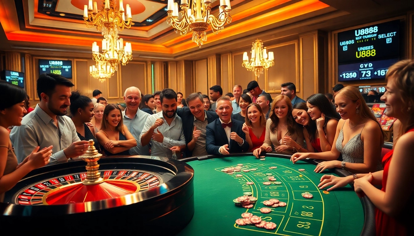 Experience U8888 excitement at a lavish casino with roulette and blackjack tables bustling with diverse players.