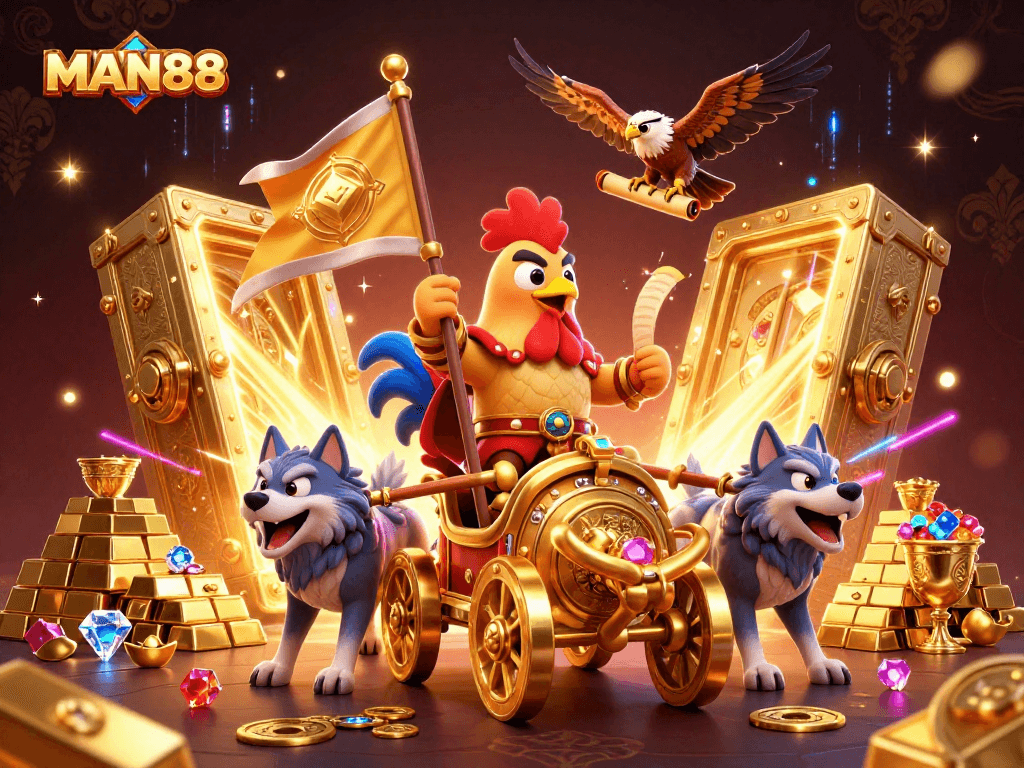 Experience thrilling gameplay at MAN88 with a 3D cartoon rooster warlord and treasure elements.