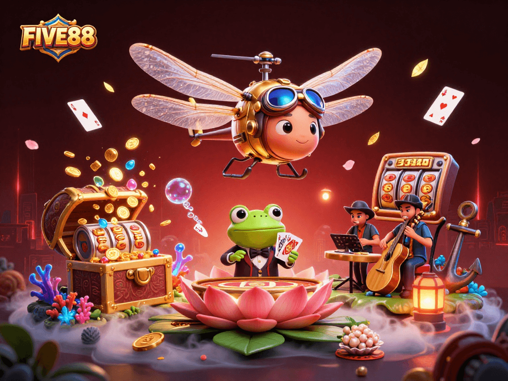 Experience the vibrant world of FIVE88 with an exciting casino-themed illustration featuring diverse gaming action.