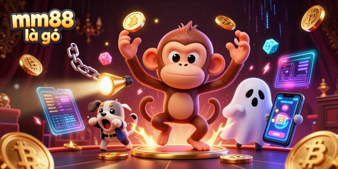 Engaging scene depicting mm88 là gì with a poltergeist monkey and ghost-hunter puppy amidst casino elements