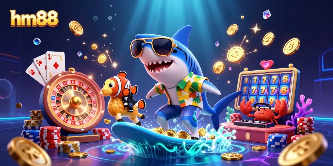 Experience thrill with hm88 as a hammer-head shark surfs gold coins alongside gaming elements.