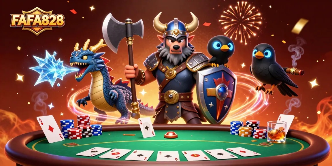 Experience FAFA828's gaming adventure with Viking warriors and poker action.
