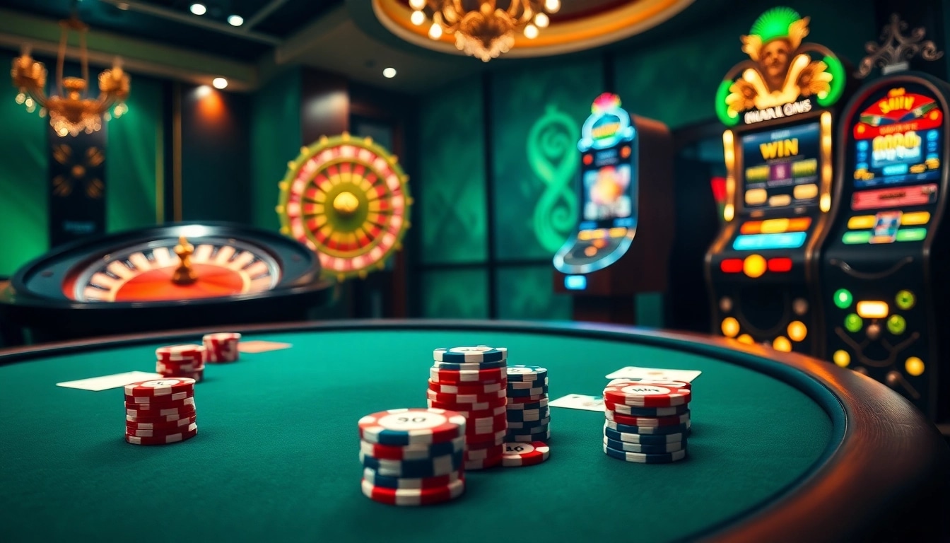 Engaged gamblers at a 56 WIN poker table with luxurious chips and cards.