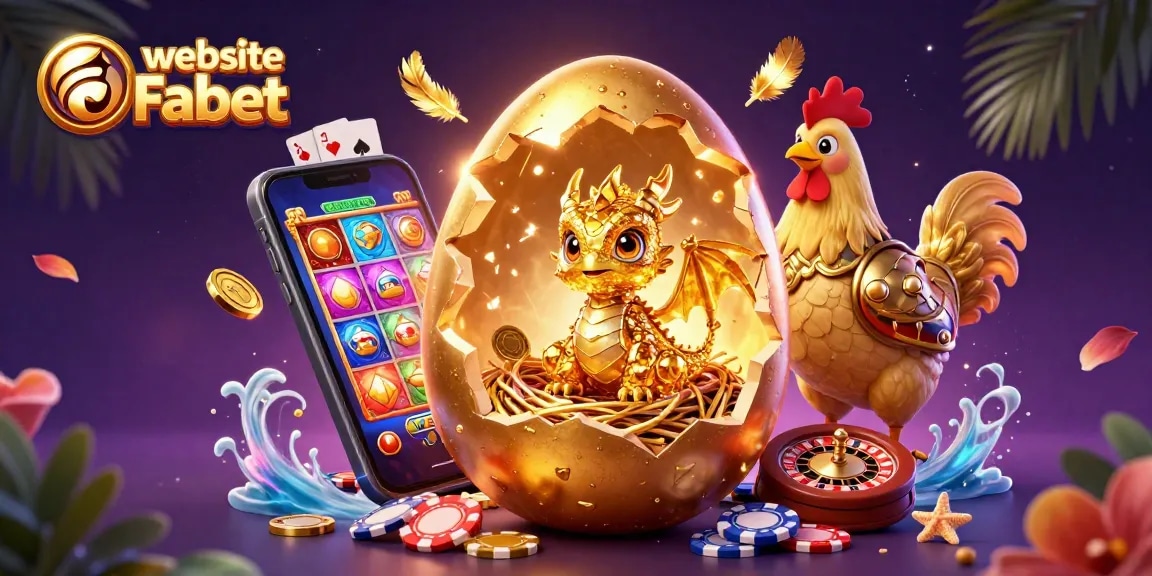 This vibrant scene depicts the website Fabet with a golden dragon amidst poker chips and casino elements.