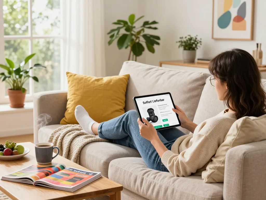 Gemütliche Wohnzimmer-Szene mit Sofort Lieferbar Produkten und einer Person, die auf einem Tablet stöbert.