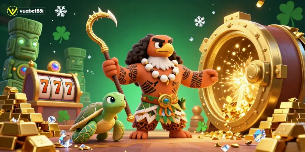 Experience the thrill of vuabet88i with a vibrant Hawaiian-themed casino illustration showcasing jackpot elements and treasures.