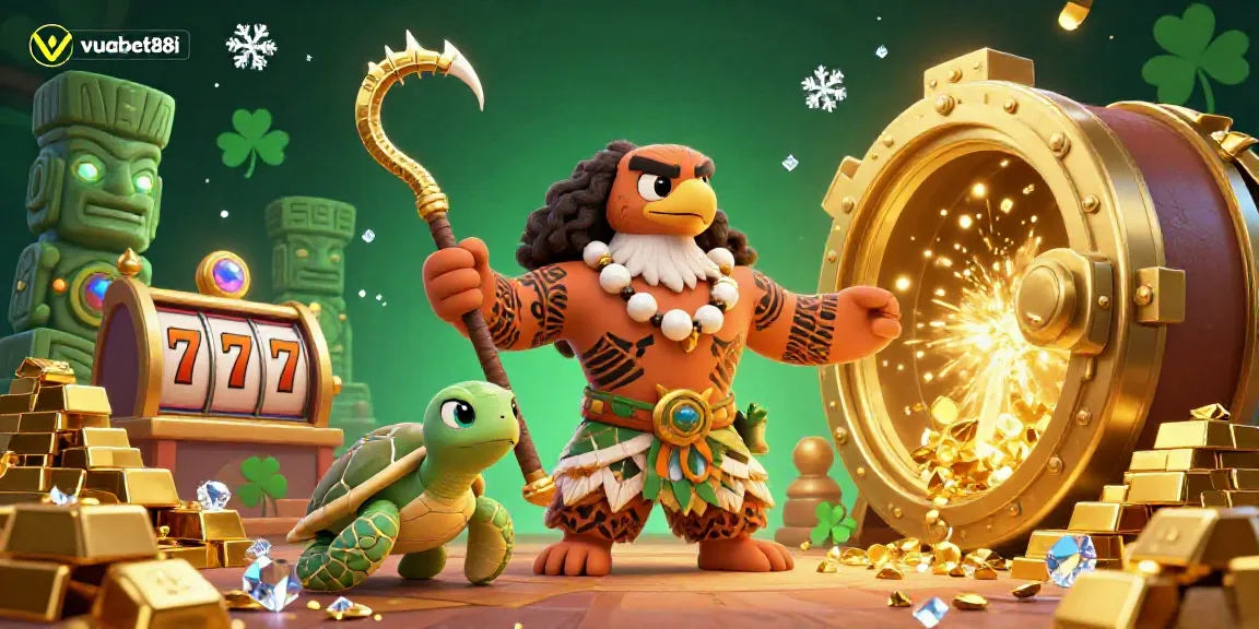 Experience the thrill of vuabet88i with a vibrant Hawaiian-themed casino illustration showcasing jackpot elements and treasures.