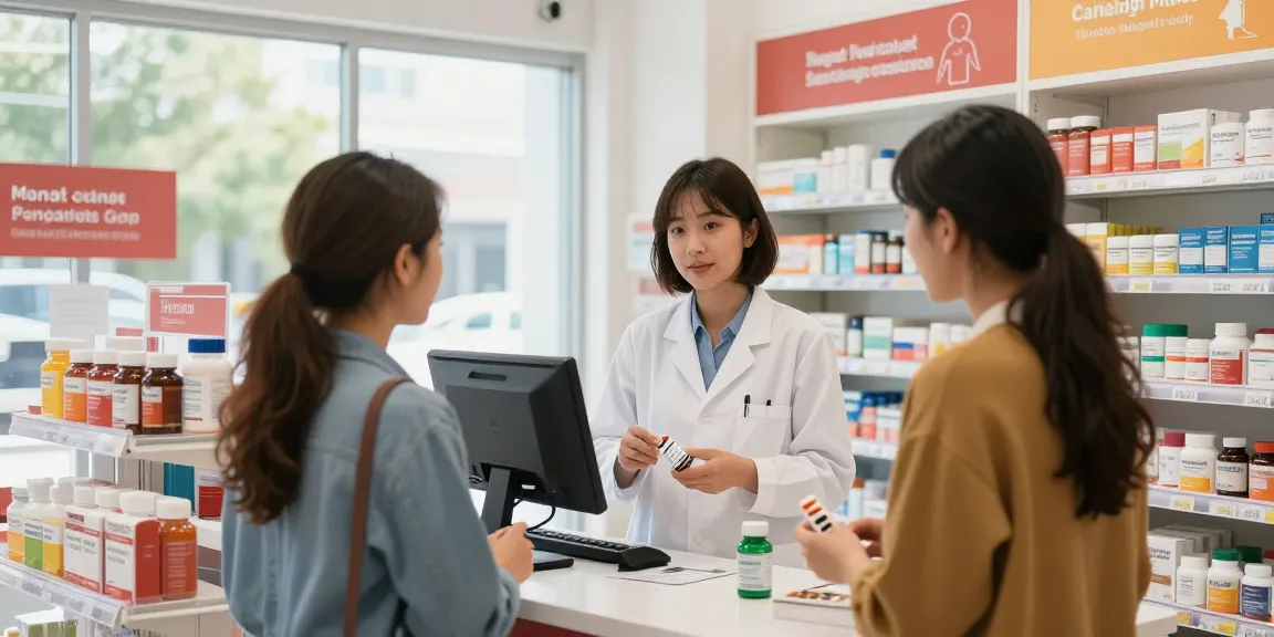 Im Selliza Pharma Shop hilft eine Apothekerin einem Kunden an der Kasse mit Gesundheitsprodukten und Nahrungsergänzungsmitteln.