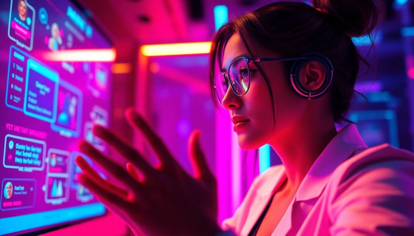 Engaging scene of AI chat NSFW interaction in a vibrant, futuristic virtual environment.