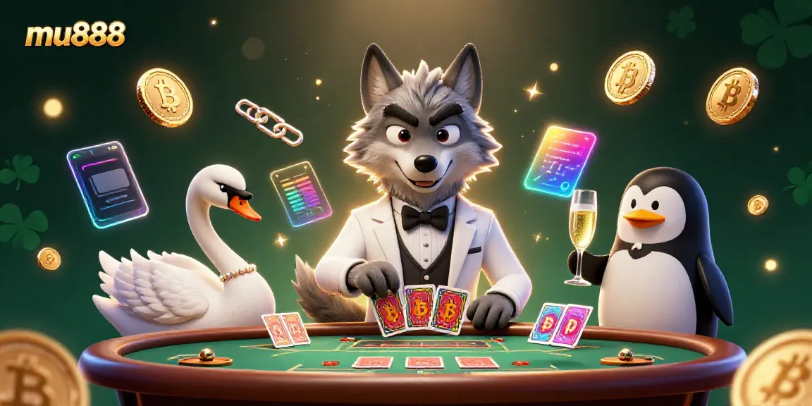 Experience the thrilling baccarat scene with mu888's debonair wolf, elegant swan, and sophisticated penguin in a lively casino setting.