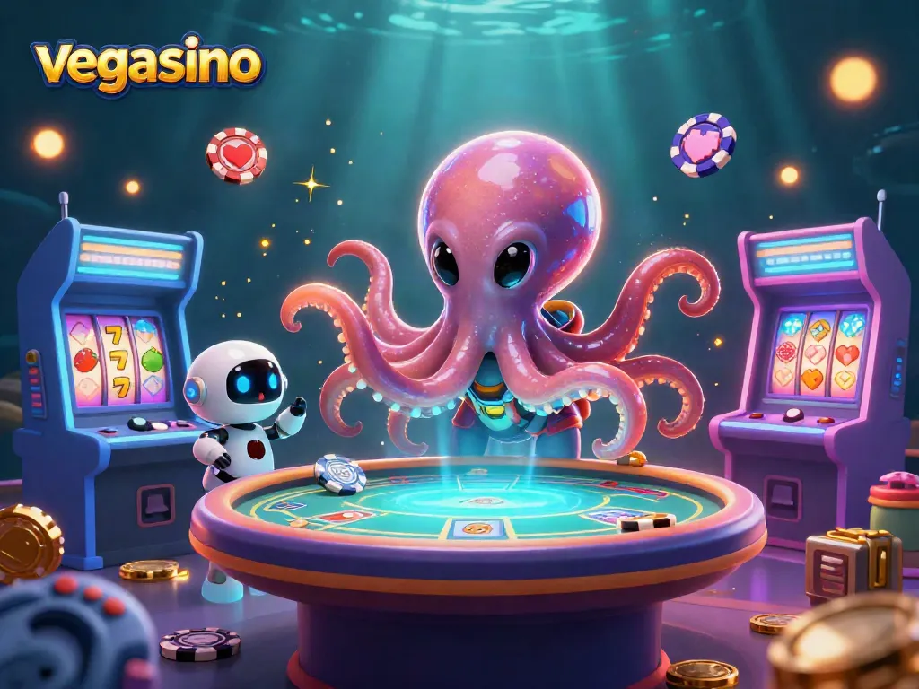 Play to win at vegasino with a vibrant, engaging alien-themed casino scene featuring poker elements.