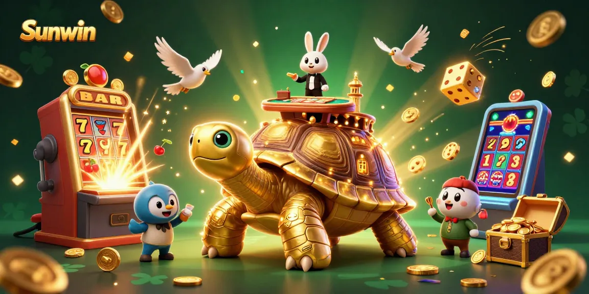 Join the excitement at Sunwin with a vibrant 3D casino scene featuring a golden tortoise, a rabbit dealer, and dynamic game elements.