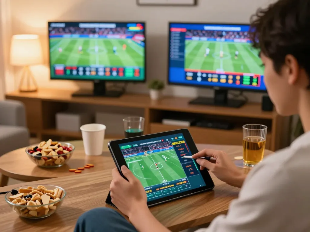 Engaging with kèo nhà cái bet88 while placing bets on a tablet at home, showcasing a lively sports betting setup.