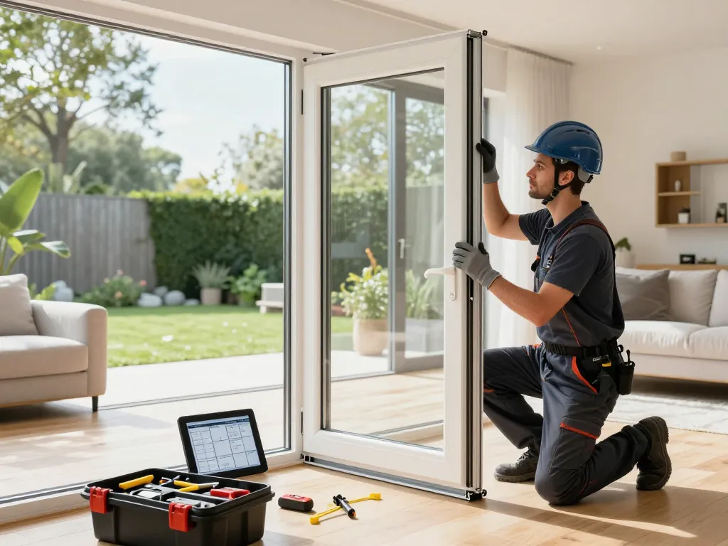 Techniker installiert ein Schüco Aluminiumfenster in einem modernen Zuhause, das Qualität und Präzision zeigt.