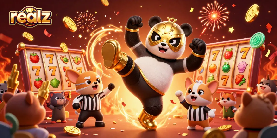 Experience thrilling action at Realz online casino with panda wrestler and energetic atmosphere.