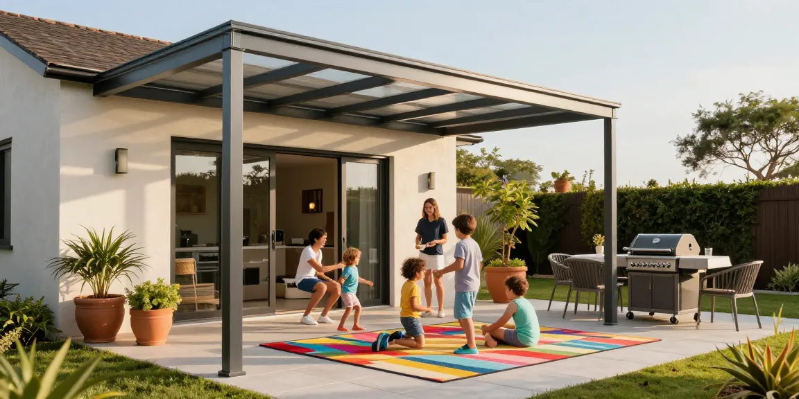 Moderne Terrassenüberdachung mit Familie und Pflanzen im Garten.