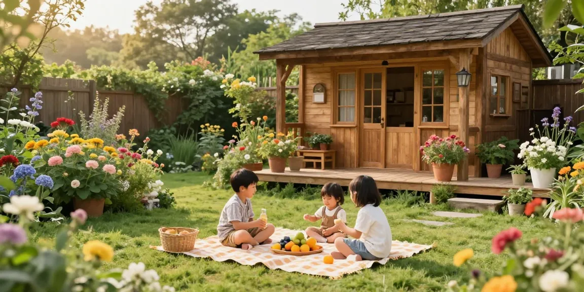Gemütliches Gartenhaus umgeben von Blumen, Familie beim Picknick im Garten.