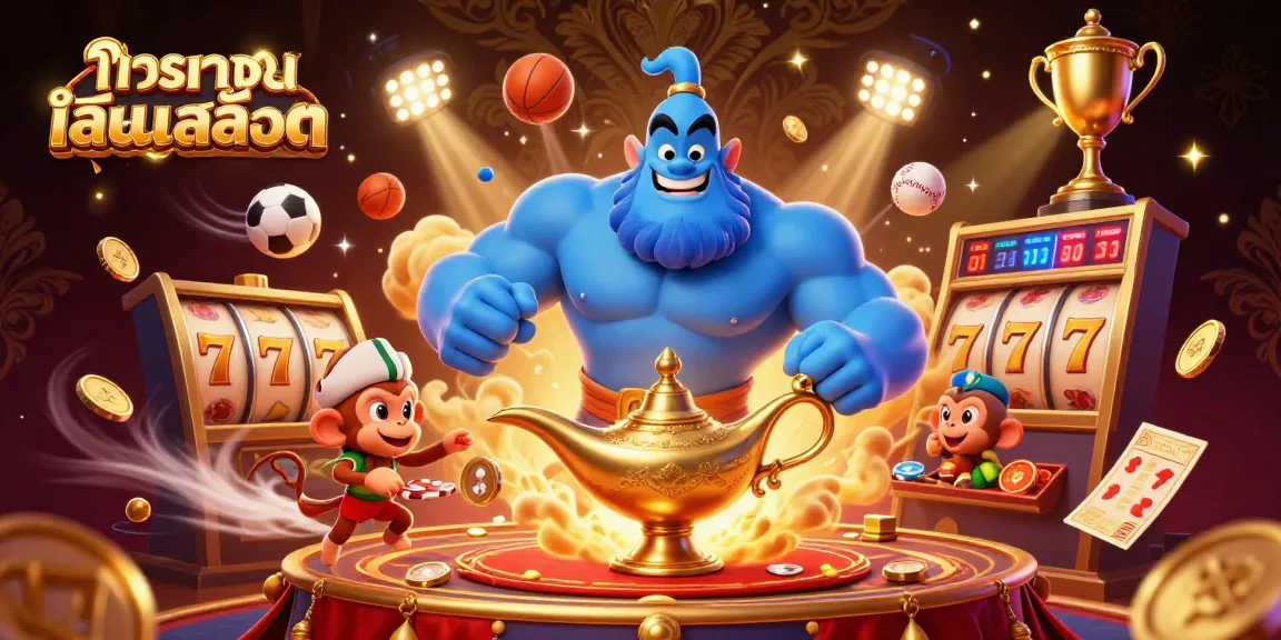 Engage with ทดลองเล่นสล็อต in a vibrant 3D illustration featuring a genie, monkey, and poker chips.