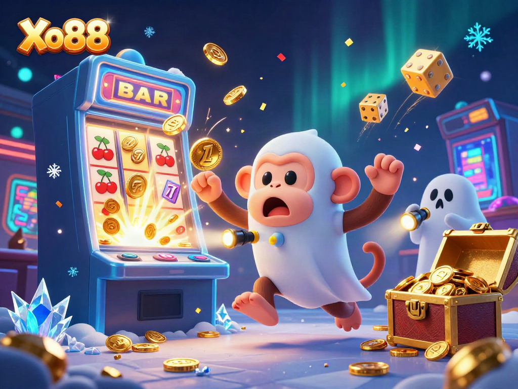 Experience the excitement of Xo88 with a playful poltergeist monkey juggling golden gaming elements in a vibrant casino.