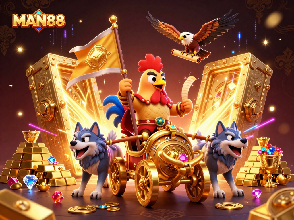 Experience thrilling gameplay at MAN88 with a 3D cartoon rooster warlord and treasure elements.