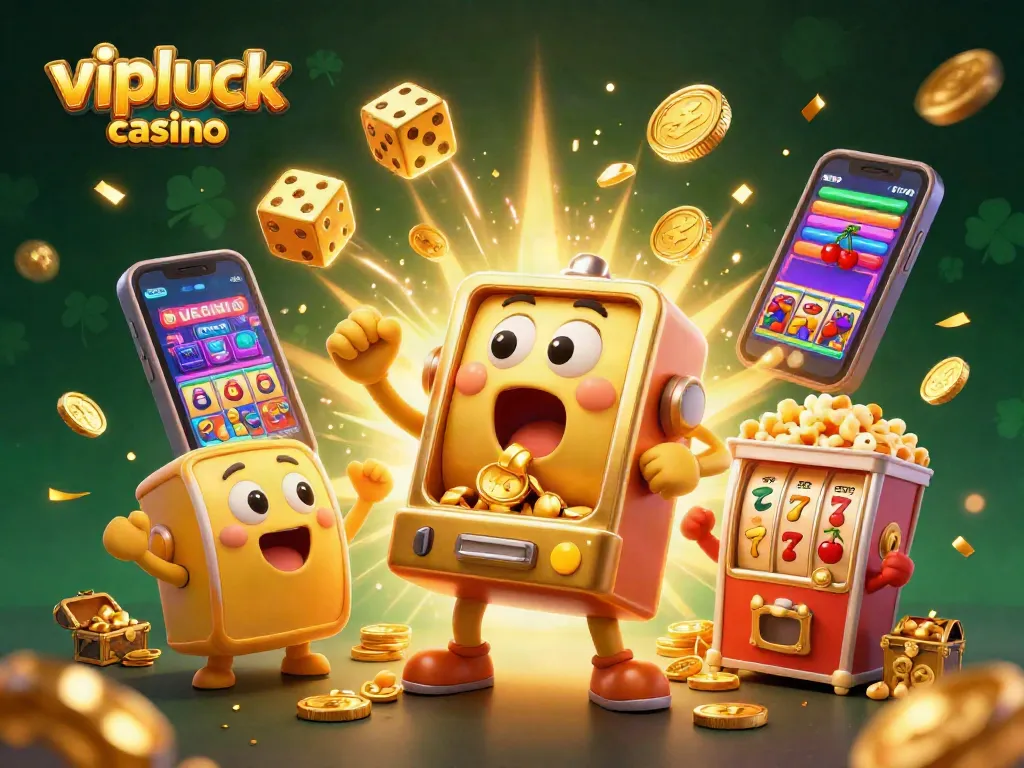 Experience the excitement of vipluck casino with a 3D scene of a golden slot machine winning a jackpot.