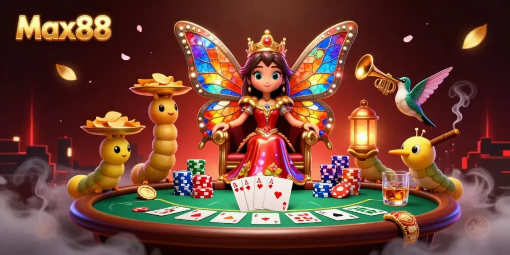 Experience the vibrant atmosphere of Max88 casino with a butterfly queen and poker elements