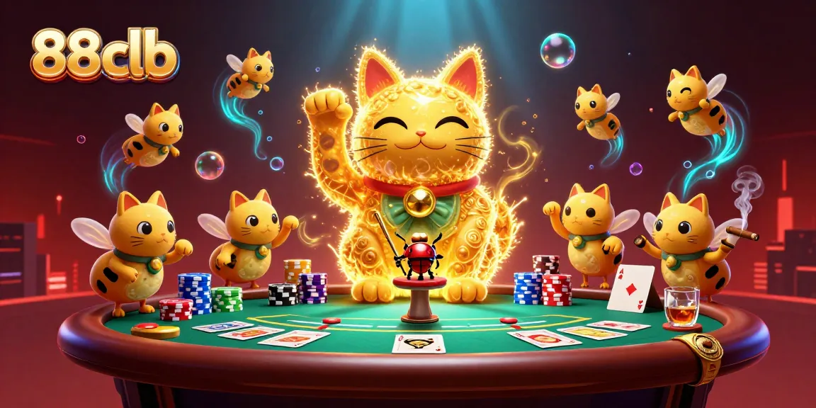 Experience the thrill of 88clb's vibrant casino atmosphere with a giant lucky cat and poker elements.