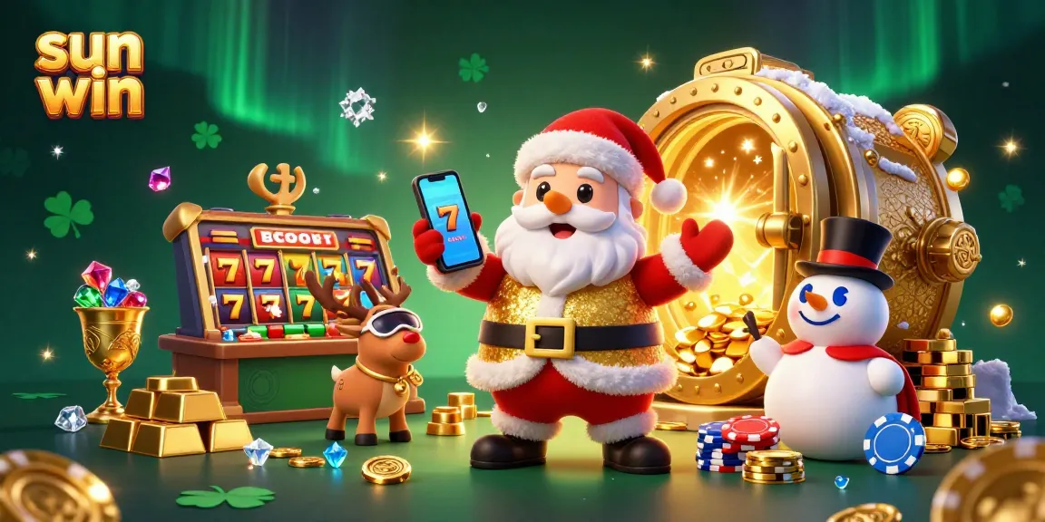 Experience festive fun with sun win in this vibrant casino illustration featuring Santa and friends.