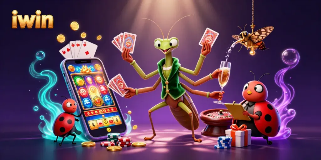 Experience exciting iwin gaming dynamics with a vibrant casino scene featuring unique characters and thrilling elements.