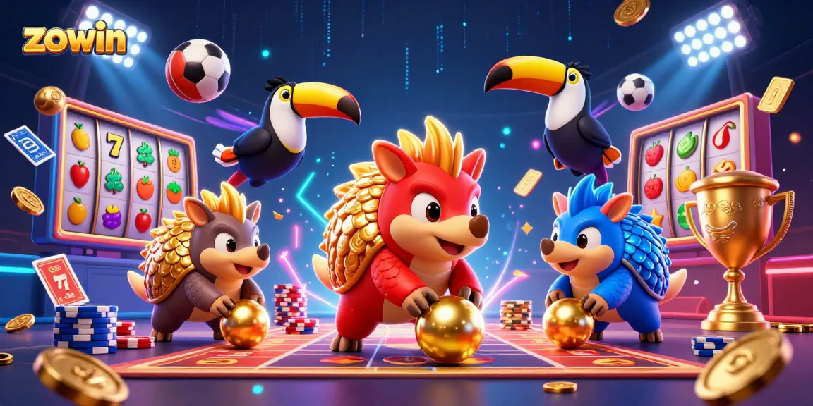 Engage in thrilling games at zowin with vibrant pangolins playing in a dynamic casino scene.