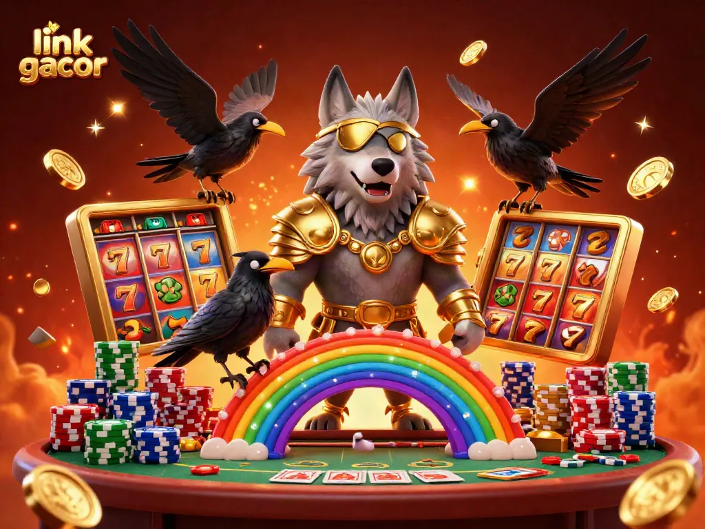 Win big with link gacor in this vibrant 3D casino scene featuring Odin, slot reels, and glowing runes.