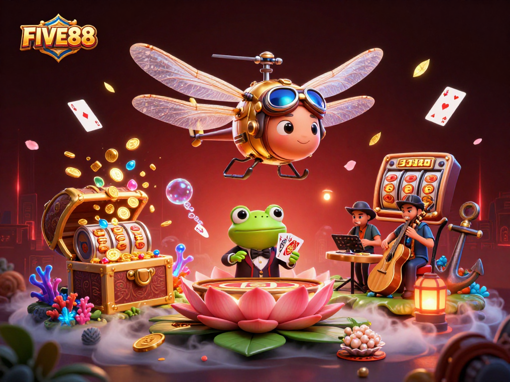 Experience the vibrant world of FIVE88 with an exciting casino-themed illustration featuring diverse gaming action.