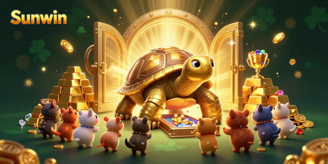 Experience the thrill at Sunwin with a vibrant 3D illustration of a colossal golden tortoise and treasure, embodying gambling excitement.