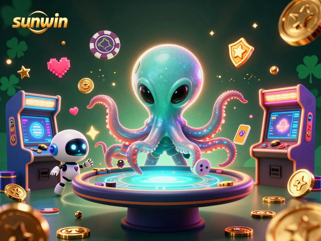 Experience sunwin excitement with a 3D cartoon octopus at a holographic poker table surrounded by vibrant casino elements.
