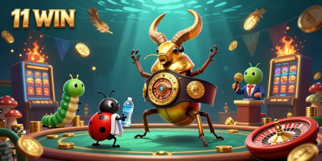 Experience the thrill of 11 WIN with a vibrant 3D casino scene featuring unique characters and dynamic gameplay.