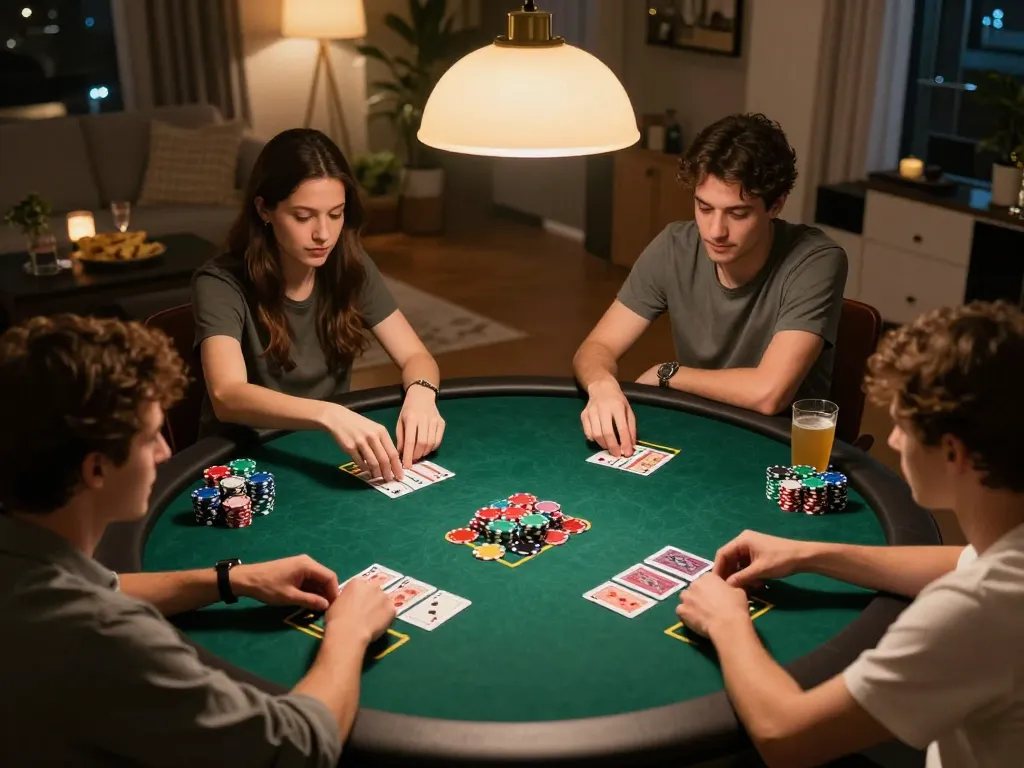 Friends enjoy a strategic poker game at home, showcasing 33winn gaming expertise and camaraderie.
