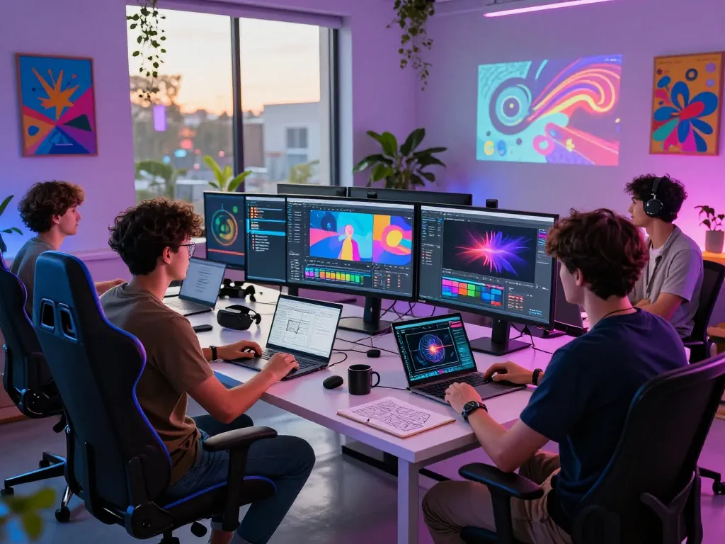 Dynamic team using Kling AI 2.18 for innovative video production in a high-tech studio.