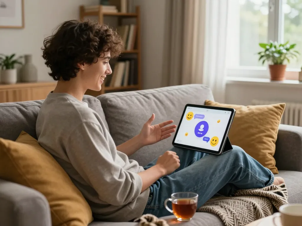 Youthful adult engaging in a vibrant sex AI chat on a tablet, relaxed in a cozy living room with modern decor.