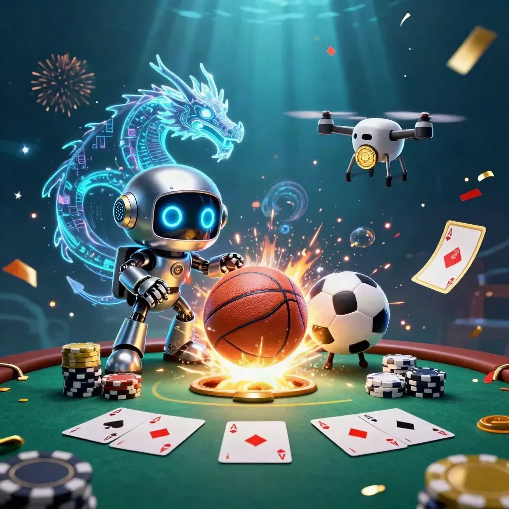 Cyberpunk-Roboter, Hologramm-Drache und Drohne über Casino-Chips, Bällen und Licht.