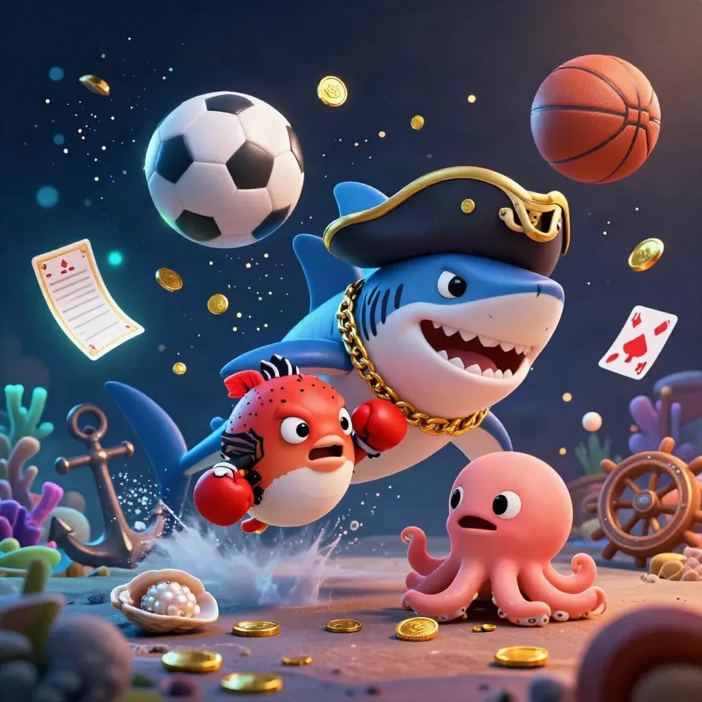 Piratenhai, Box-Pufferfisch und Oktopus mit Münzen vor Gold- und Blaulicht.