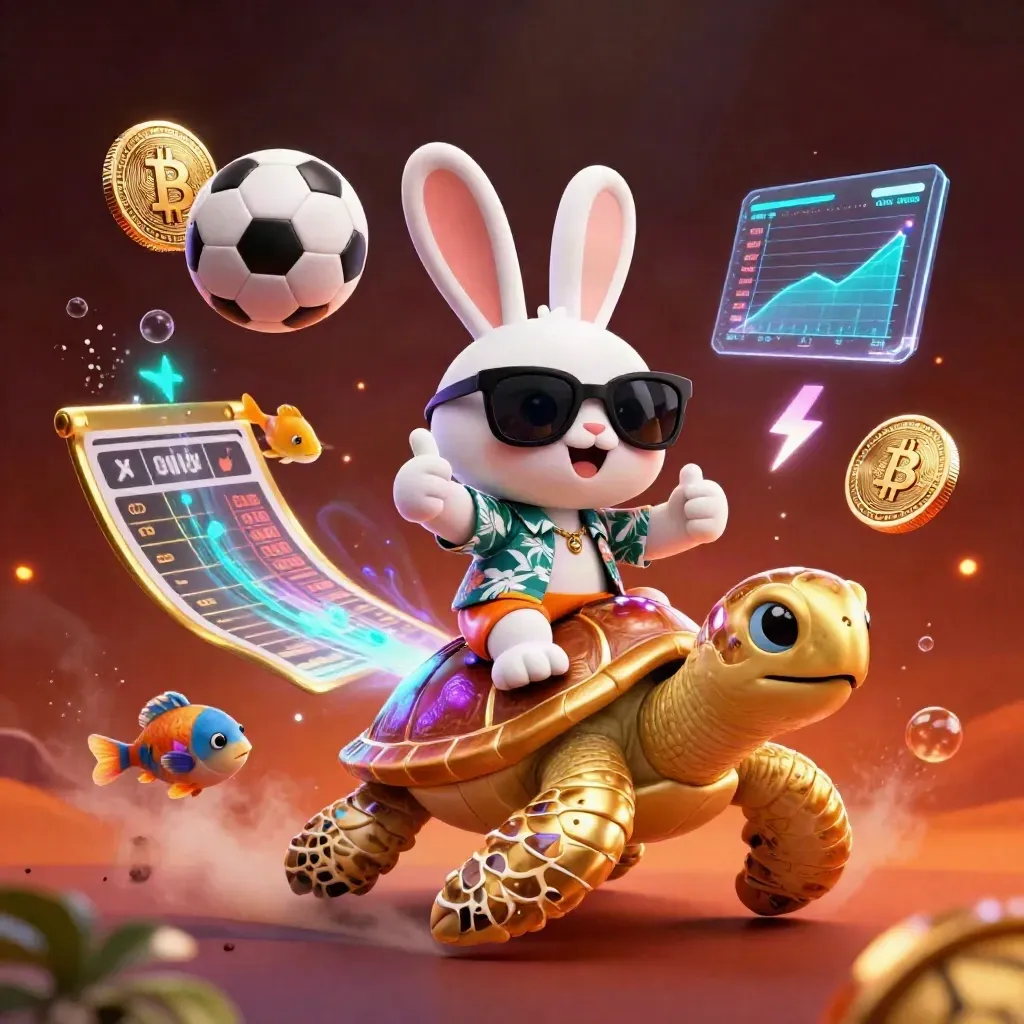 Lachender Hase auf goldener Schildkröte, umgeben von Ball, Coins und leuchtenden Effekten.