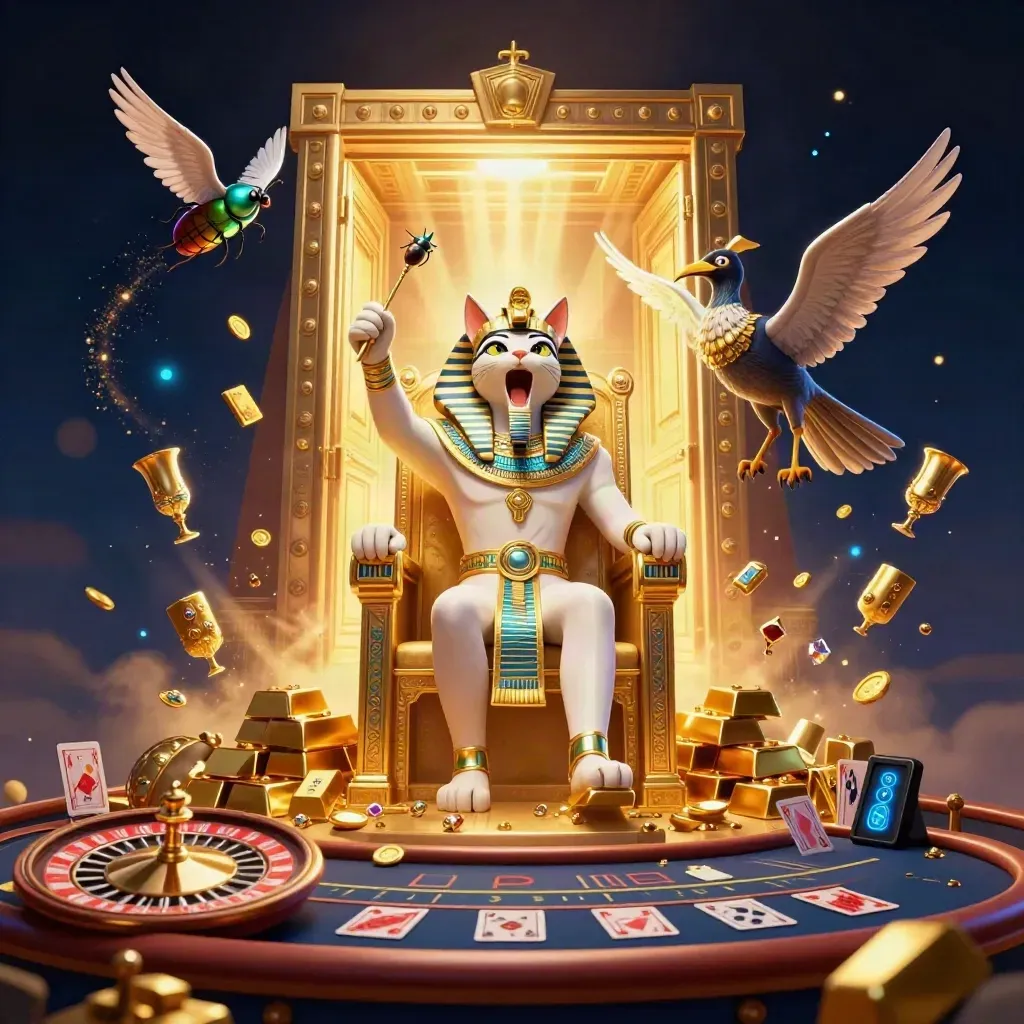 Pharaonen-Kat auf goldenem Thron, Ibis-Schreiber und Skarabäen vor Tresortür, Gold und Licht