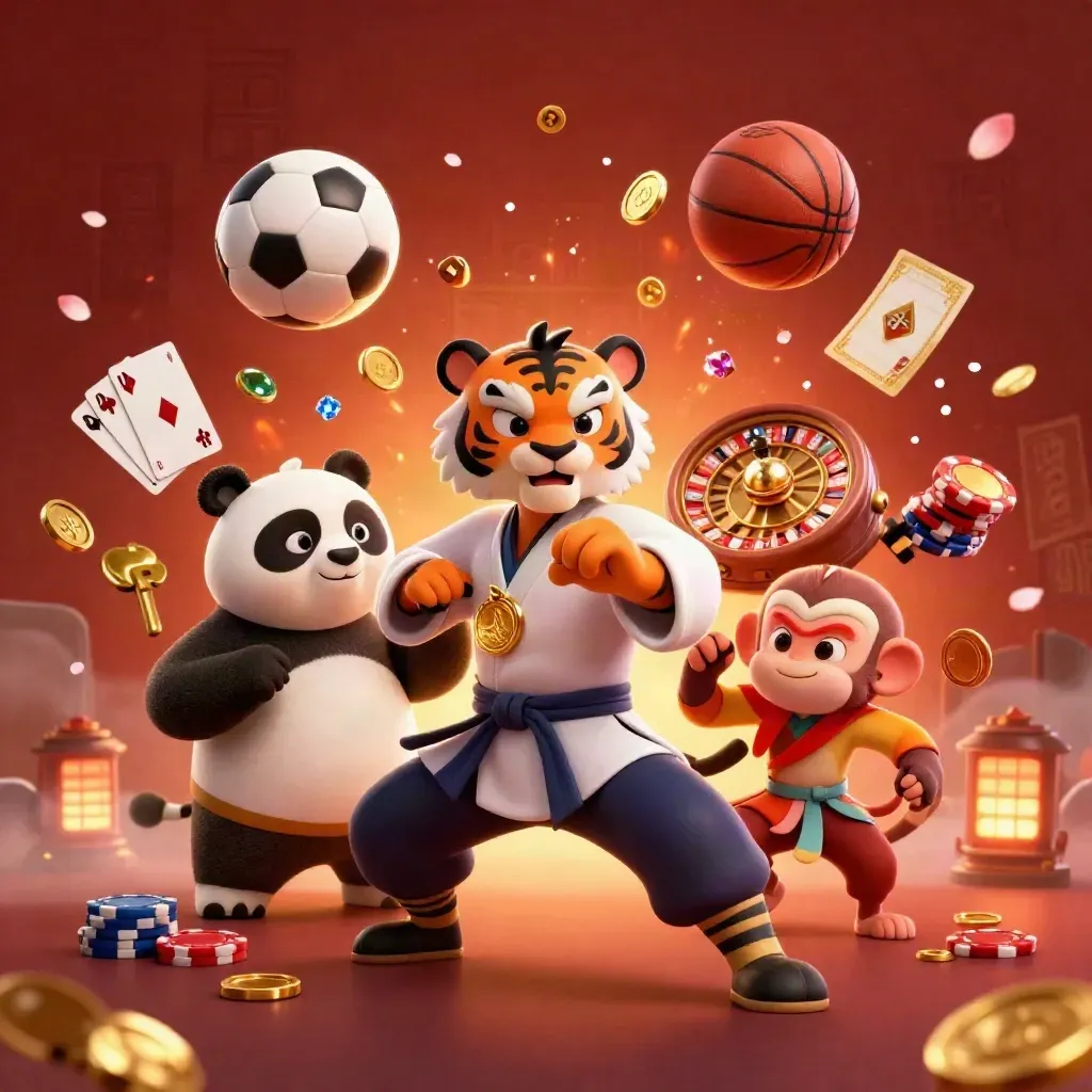 Tiger, Panda und Affe im Casino-Kampfstil, umgeben von Münzen, Karten und Sportbällen.